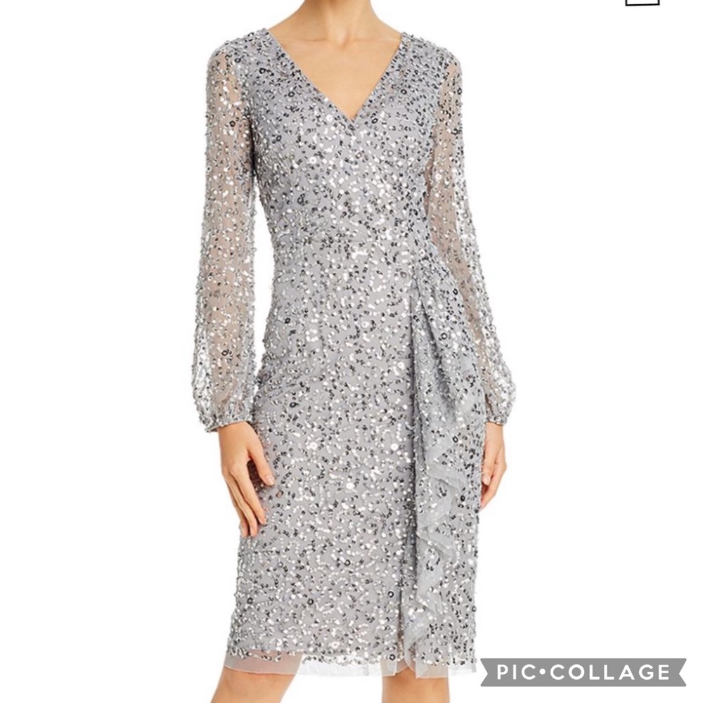 Adrianna Papell sequins long sleeves V- Neckline midi cocktail dress